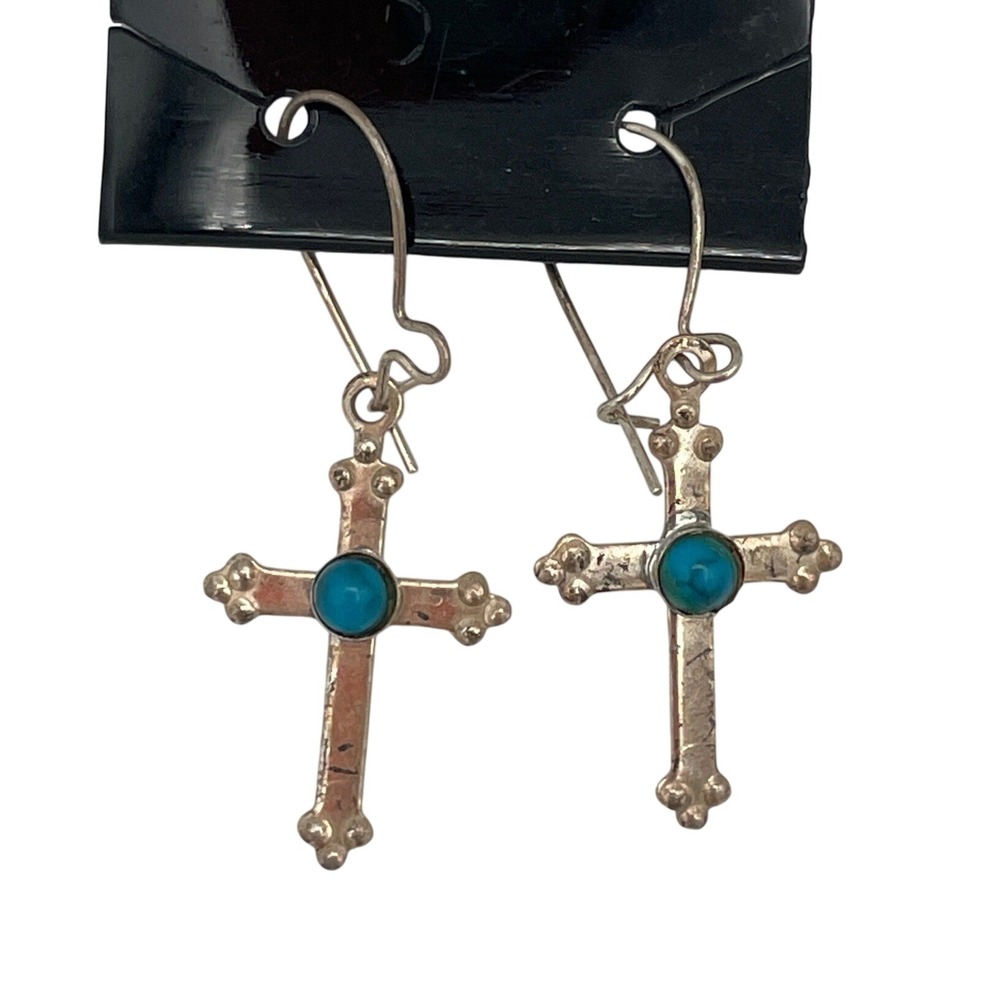 Unmarked Sterling Silver Women Turquoise Dainty Cross Drop Earrings
